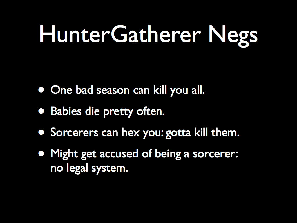 HunterGatherer Negs: One bad season can kill you all.  Babies die pretty often.  Sorcerers can hex you: gotta kill them.  Might get accused of being a sorcerer: no legal system.